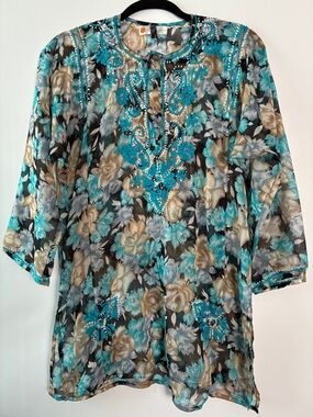 Silk Marigold Floral Embroidered Tunic Top - Teal & Beige